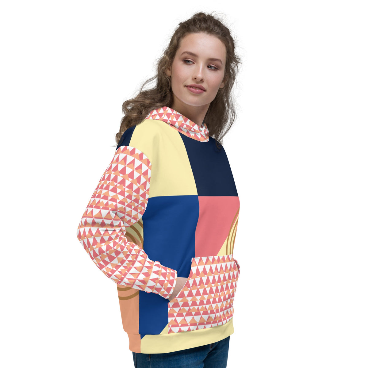 Good Wishes 365 unisex hoodie with a vibrant geometric color-block print, brushed fleece lining, and drawstring hood.