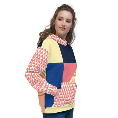 Good Wishes 365 unisex hoodie with a vibrant geometric color-block print, brushed fleece lining, and drawstring hood.