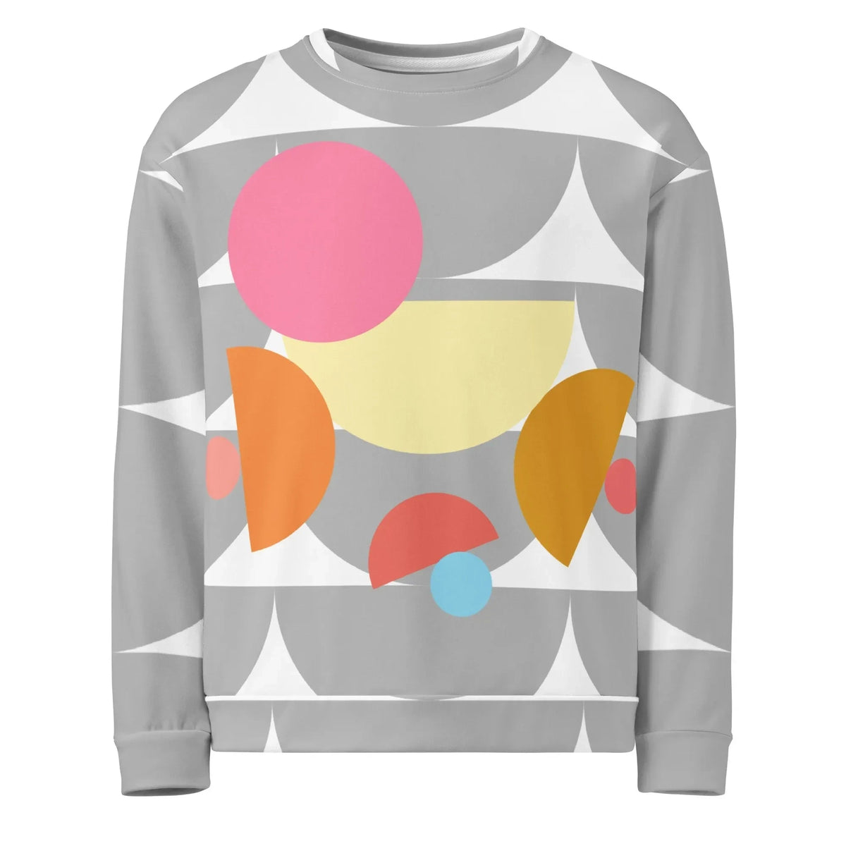 Good Wishes 365 recycled sweatshirt featuring a silver and white geometric mushroom print with colorful abstract shapes.