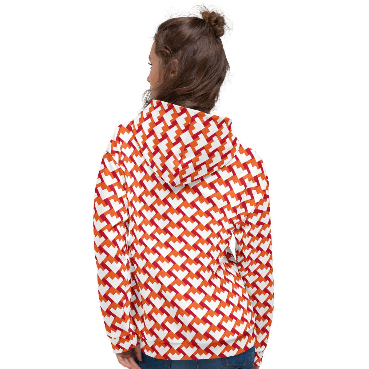 Good Wishes 365 unisex hoodie featuring a red and orange geometric heart pattern on recycled fabric, back view