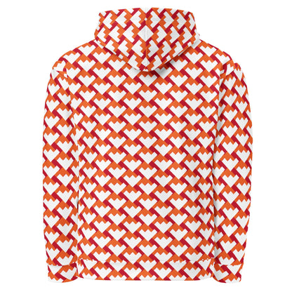 Good Wishes 365 unisex hoodie featuring a vibrant red, orange, and white geometric heart all-over print, back view.