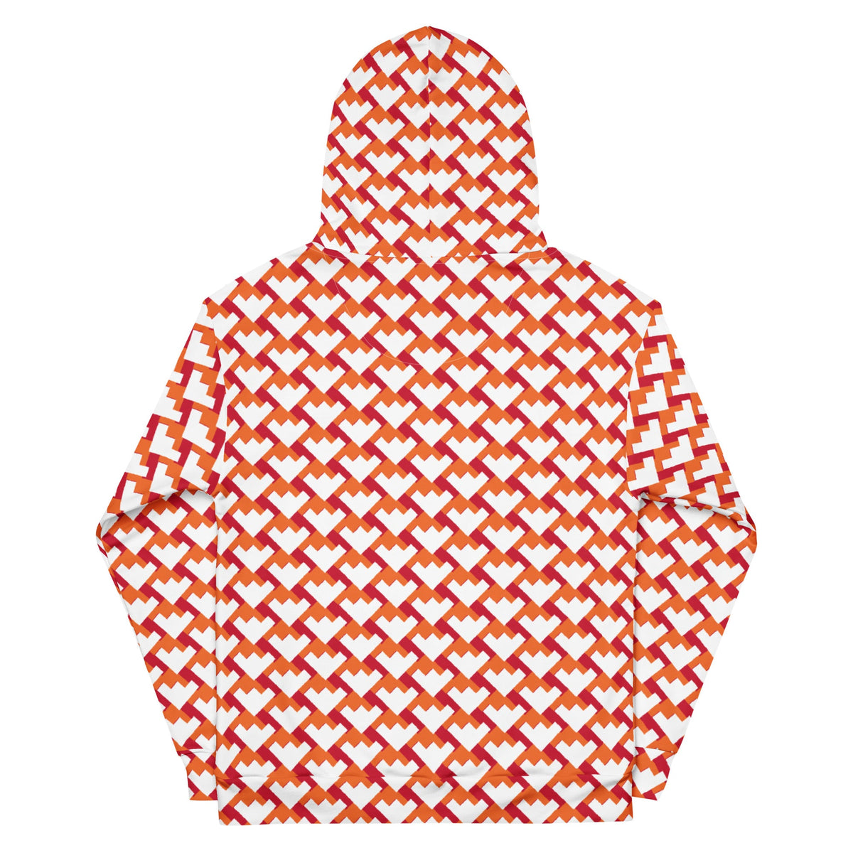 Good Wishes 365 unisex recycled hoodie featuring a vibrant red and orange geometric heart pattern, back view.