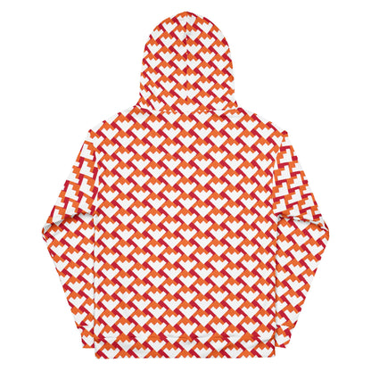 Good Wishes 365 unisex recycled hoodie featuring a vibrant red and orange geometric heart pattern, back view.