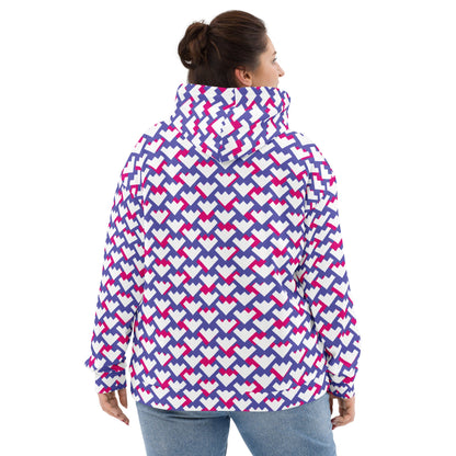 Good Wishes 365 unisex recycled hoodie featuring a purple, violet, and red geometric heart pattern, back view.