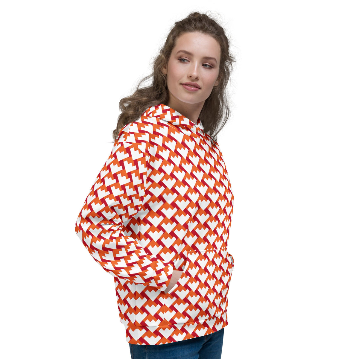 Good Wishes 365 unisex hoodie with a red and orange geometric heart pattern, featuring a kangaroo pocket and hood.