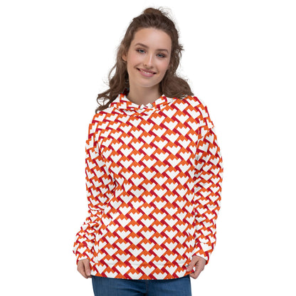 Good Wishes 365 unisex hoodie featuring a vibrant red and orange geometric heart pattern on recycled fabric
