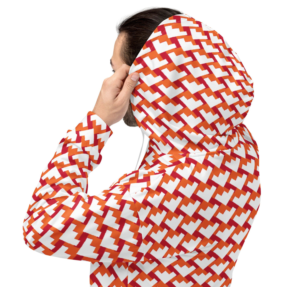 Good Wishes 365 unisex hoodie with a red and orange geometric heart pattern on a white background, side view.