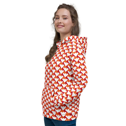 Good Wishes 365 unisex hoodie with a red and orange geometric heart pattern, featuring a kangaroo pocket and hood.
