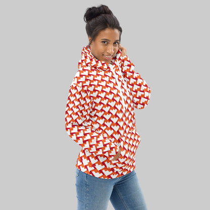 Good Wishes 365 unisex hoodie with red and orange geometric heart pattern, featuring a kangaroo pocket and hood.