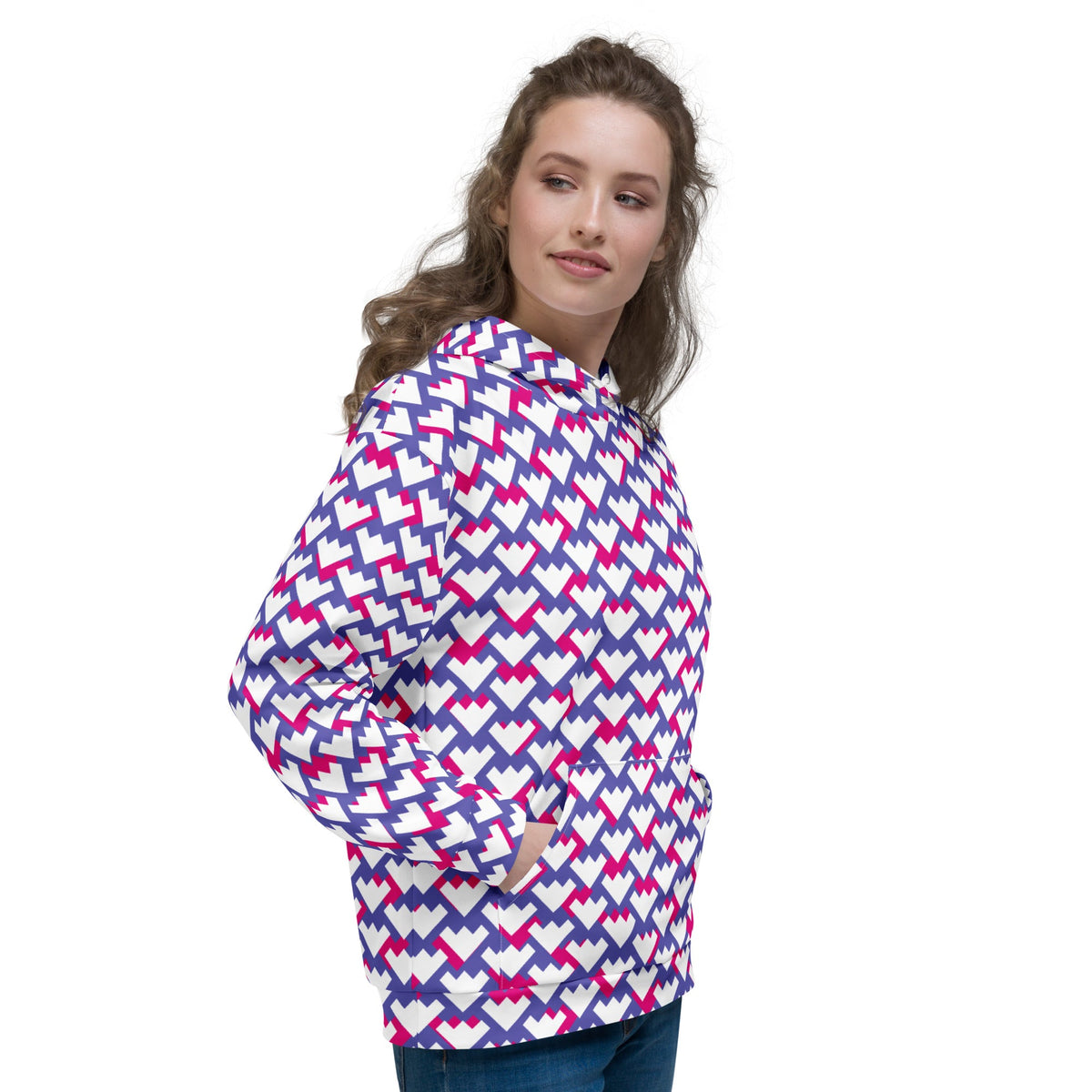 A model wearing a Good Wishes 365 unisex hoodie with a purple, violet, and red geometric heart pattern.