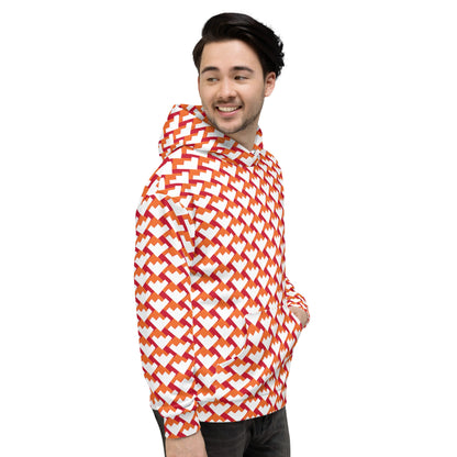 Good Wishes 365 unisex hoodie featuring a red and orange geometric heart pattern on a white background with a hood.