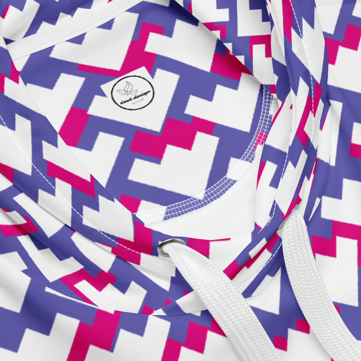 Good Wishes 365 unisex hoodie featuring a vibrant purple, violet, and red geometric heart pattern on recycled fabric.