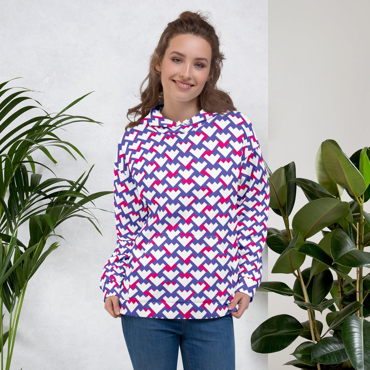 Good Wishes 365 unisex hoodie featuring a purple, violet, and red geometric heart pattern on recycled fabric.