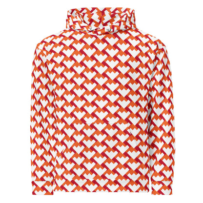 Good Wishes 365 unisex recycled hoodie featuring a red and orange geometric heart pattern on a white background.