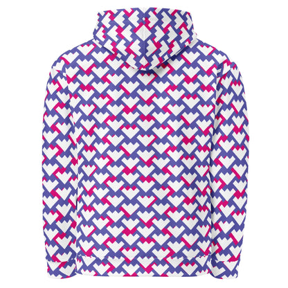 Good Wishes 365 unisex hoodie featuring an all-over geometric heart pattern in vibrant purple, violet, and red shades.