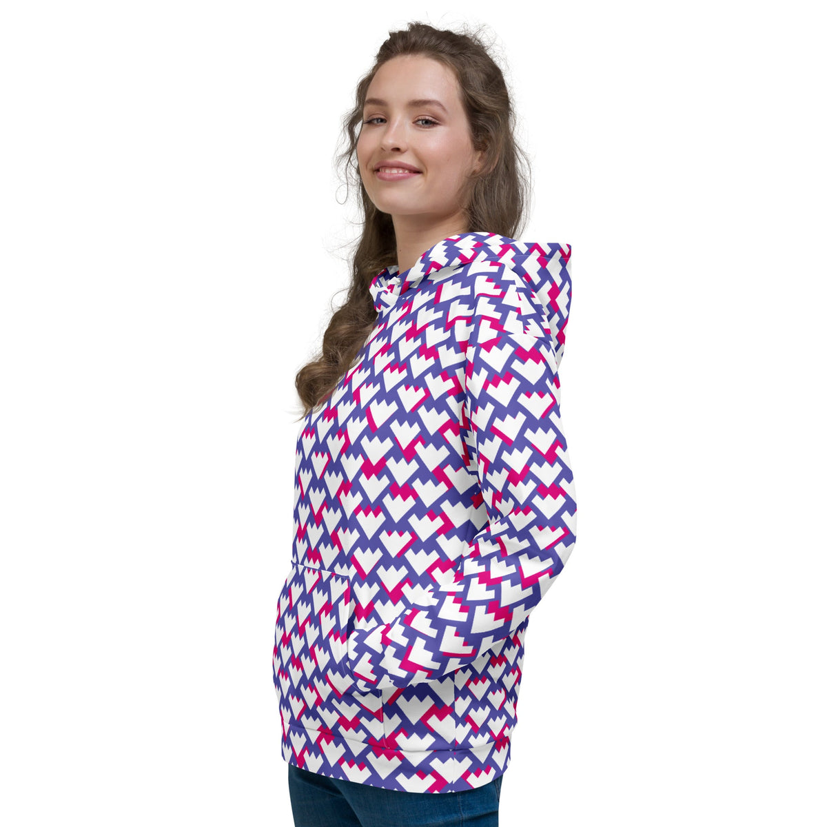 Good Wishes 365 unisex hoodie with purple, violet, and red geometric heart pattern worn by a smiling woman