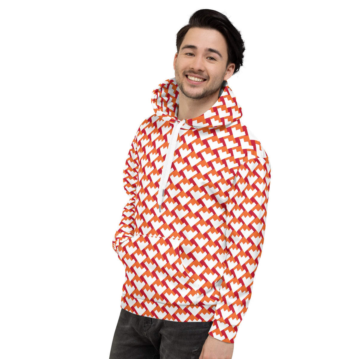 Good Wishes 365 unisex hoodie with red and orange geometric heart pattern on white, featuring a kangaroo pocket.
