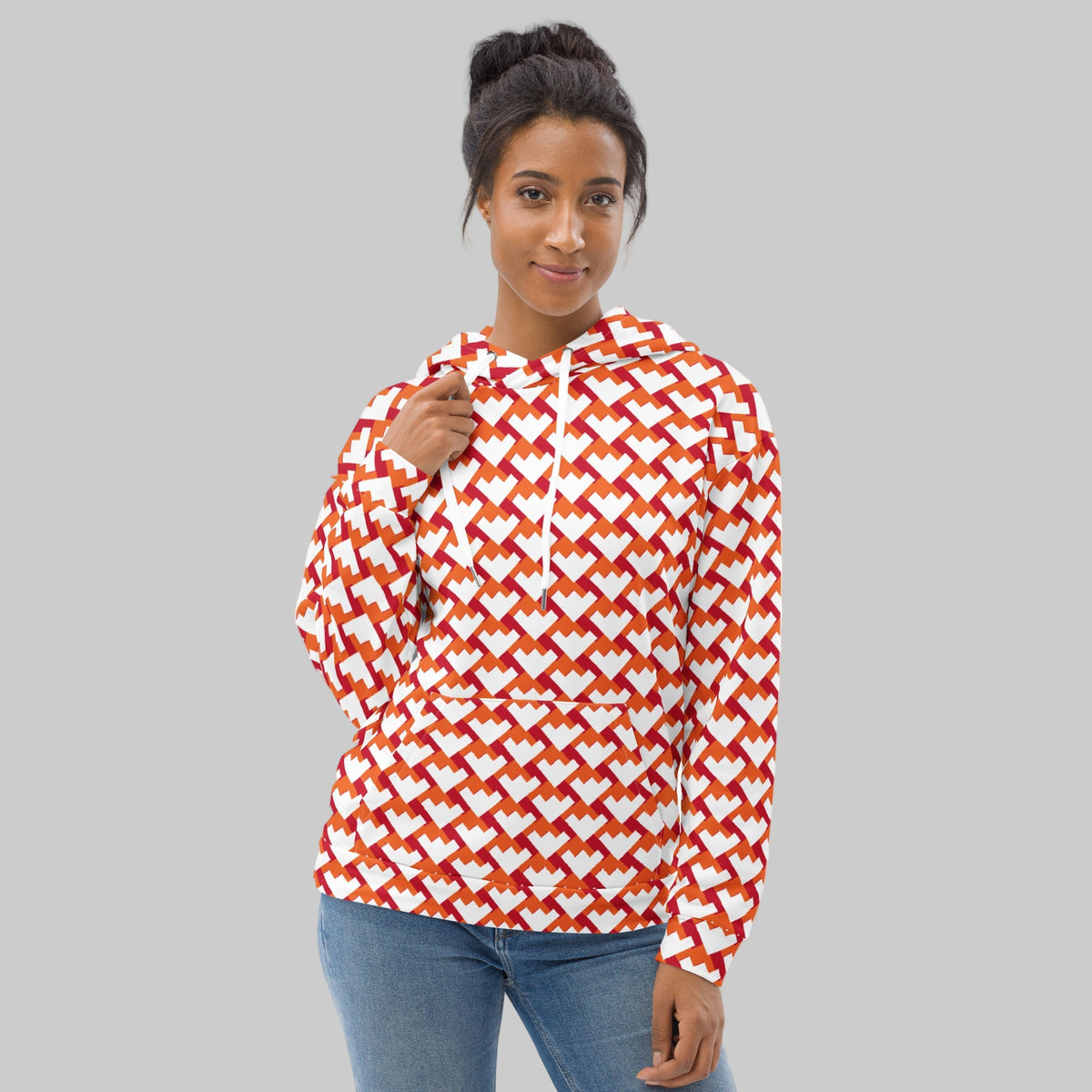 Good Wishes 365 unisex hoodie featuring a red and orange geometric heart pattern with a drawstring hood and pocket.