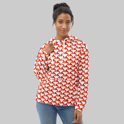 Good Wishes 365 unisex hoodie featuring a red and orange geometric heart pattern with a drawstring hood and pocket.