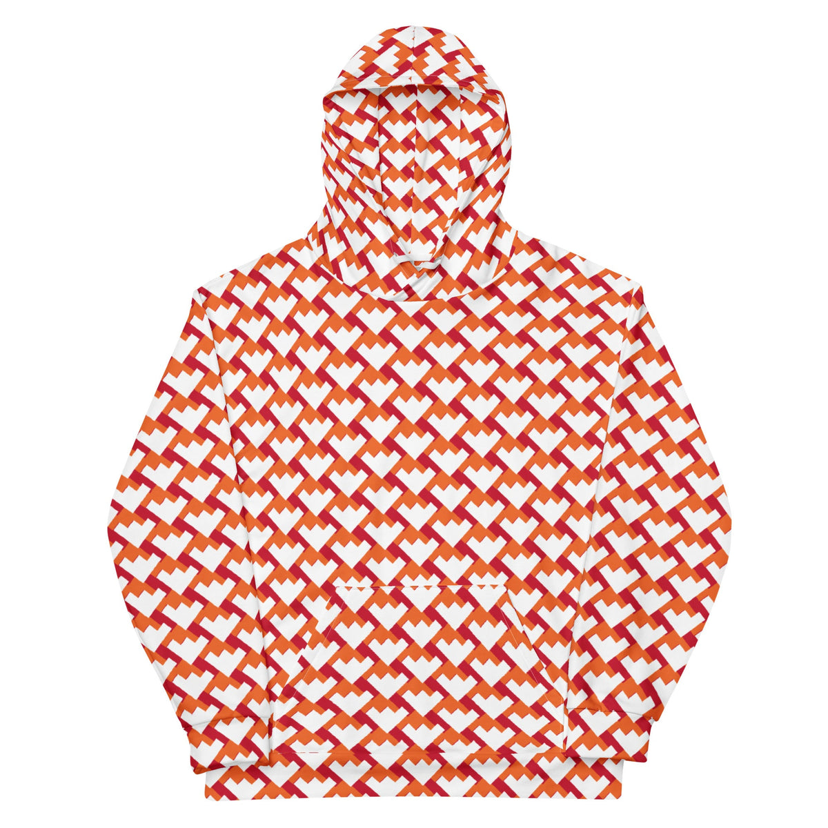 Good Wishes 365 unisex recycled hoodie featuring a vibrant red and orange geometric heart pattern and kangaroo pocket.