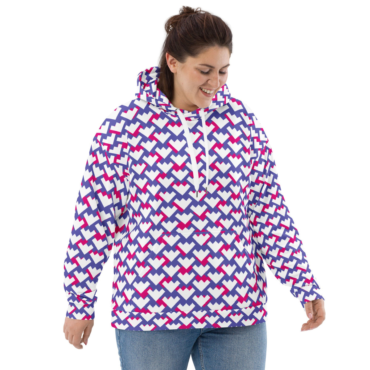 Good Wishes 365 unisex recycled hoodie featuring a purple and red geometric heart pattern with a front pouch pocket