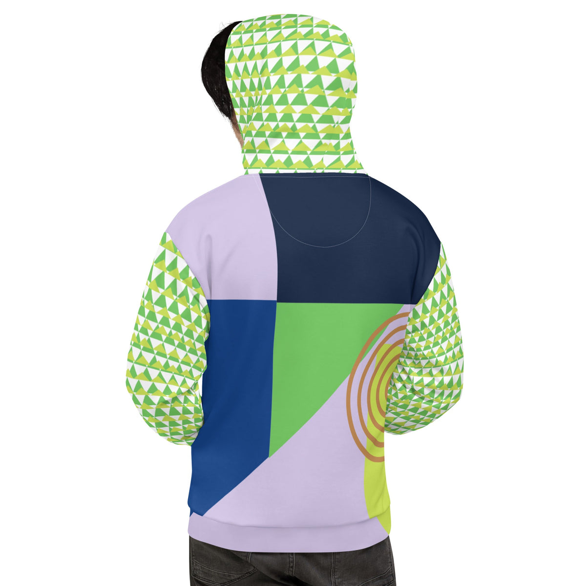 Back view of a Good Wishes 365 recycled hoodie with 80s Memphis style geometric print in green, navy, and lavender.