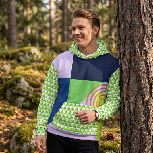 Good Wishes 365 men's green 80s Memphis style geometric color block hoodie with recycled fabric in a forest setting