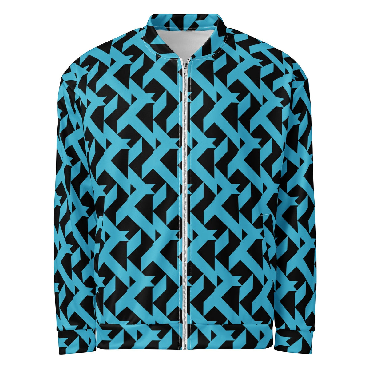 Good Wishes 365 unisex bomber jacket featuring a bold blue and black geometric maze print with a front zip closure.