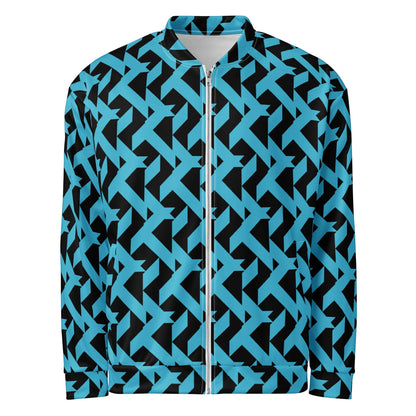 Good Wishes 365 unisex bomber jacket featuring a bold blue and black geometric maze print with a front zip closure.