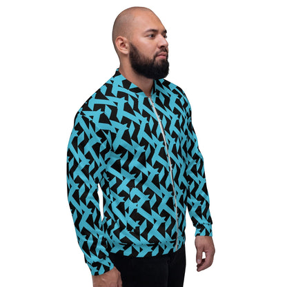 Good Wishes 365 unisex bomber jacket with a bold blue and black geometric maze print, shown from a side profile.