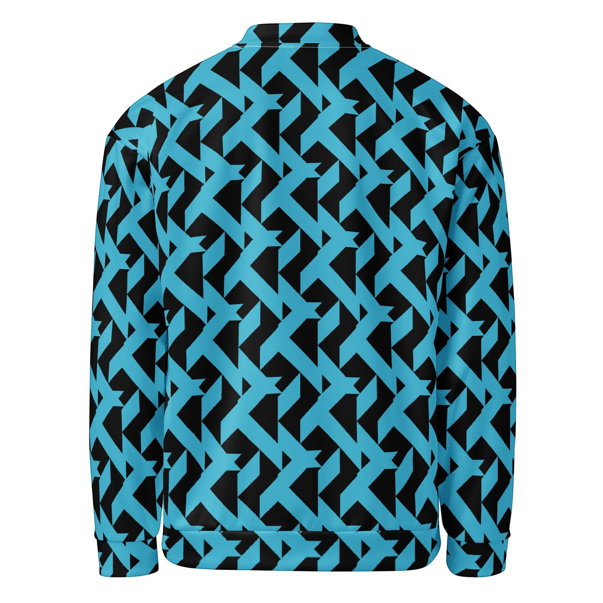 Good Wishes 365 unisex bomber jacket featuring a bold blue and black geometric maze pattern, back view.