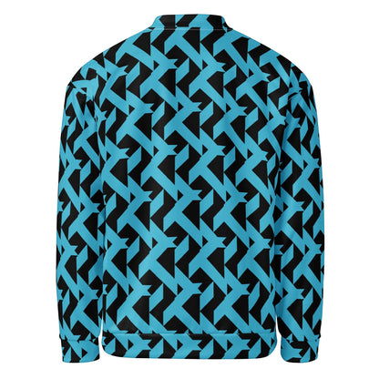 Good Wishes 365 unisex bomber jacket featuring a bold blue and black geometric maze pattern, back view.