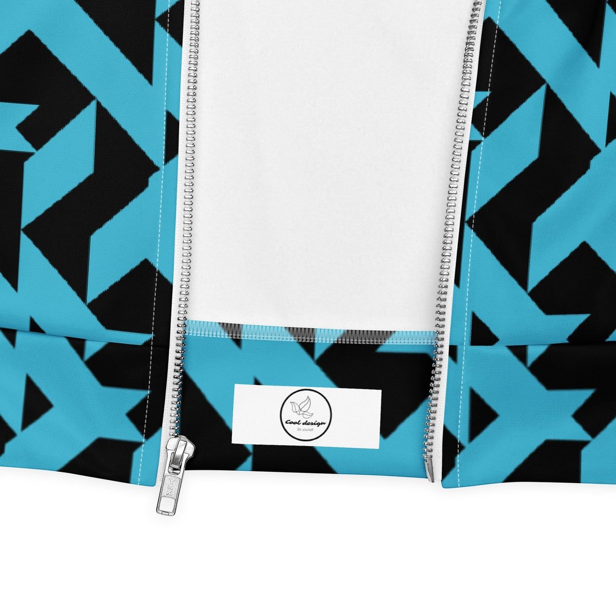 Good Wishes 365 blue and black geometric maze print bomber jacket with a silver front zipper closure