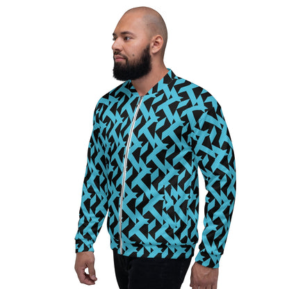 Good Wishes 365 unisex bomber jacket featuring a bold blue and black geometric maze print with ribbed trim details.