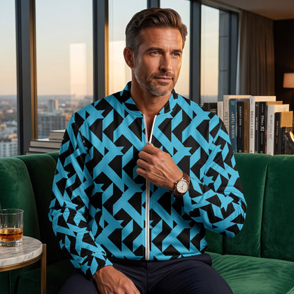 Good Wishes 365 unisex bomber jacket featuring a bold blue and black geometric maze print with a front zip closure.