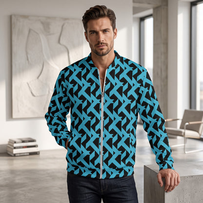 Good Wishes 365 unisex bomber jacket featuring a bold blue and black geometric maze print with a front zip closure.
