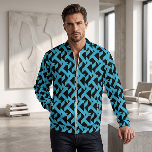 Good Wishes 365 unisex bomber jacket featuring a bold blue and black geometric maze print with a front zip closure.