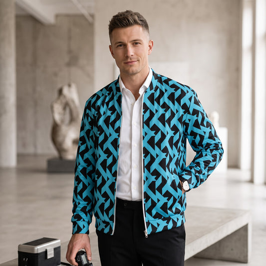 Good Wishes 365 unisex bomber jacket featuring a bold blue and black geometric maze print with ribbed trim details.
