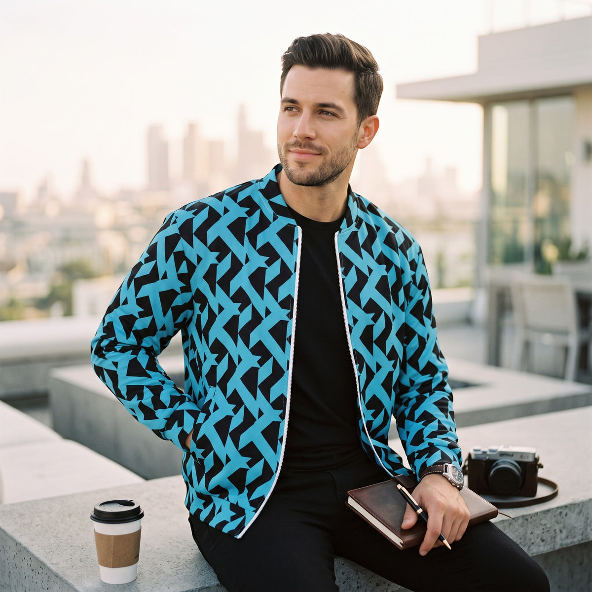 Good Wishes 365 unisex bomber jacket with a blue and black geometric maze print worn by a man on a city rooftop.