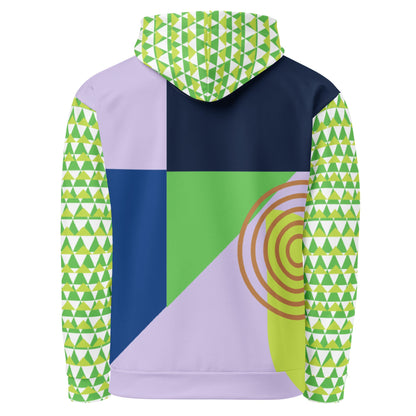 Back view of a Good Wishes 365 recycled hoodie featuring an 80s Memphis style geometric print in green, navy, and lavender.