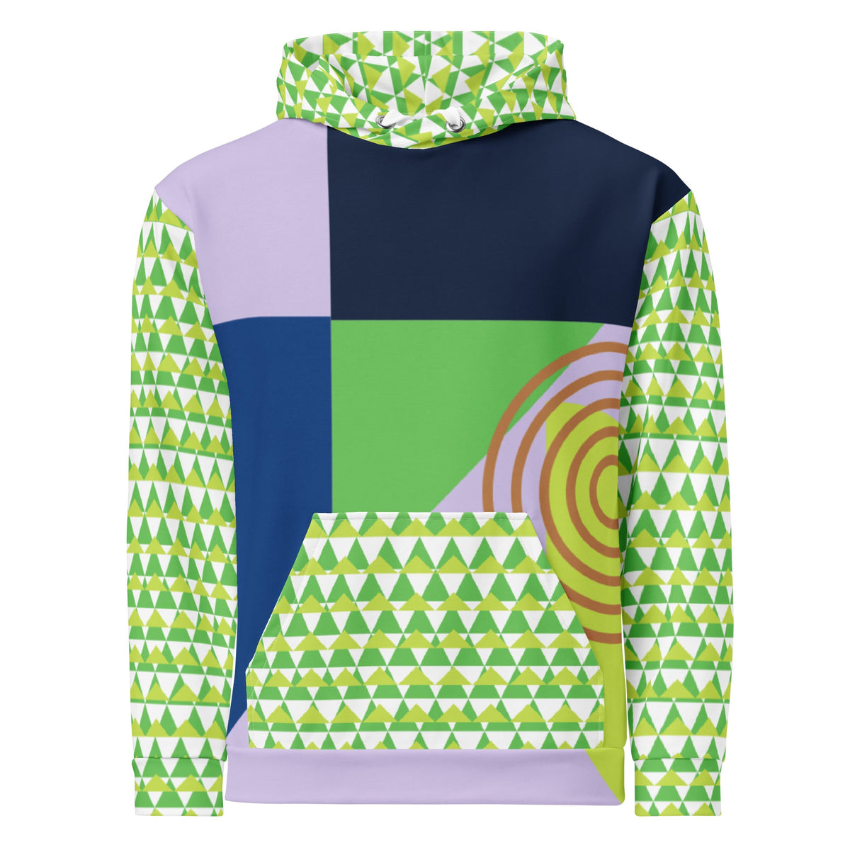 Good Wishes 365 recycled hoodie featuring 80s Memphis style geometric color block print in green, navy, and lavender.