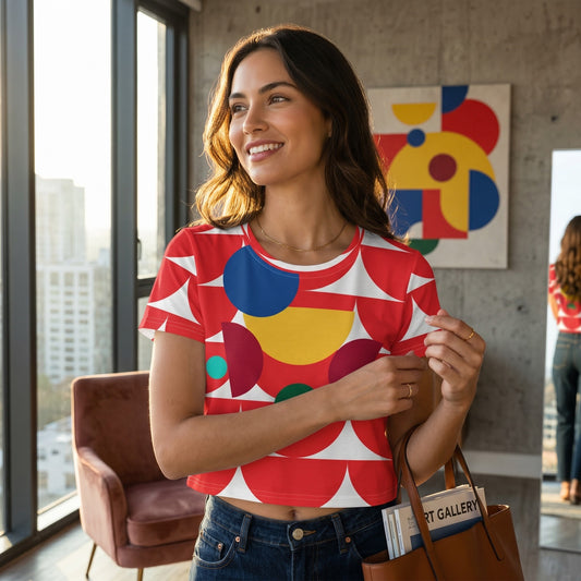 Good Wishes 365 crop tee with a vibrant red geometric mushroom pattern, worn by a smiling woman in a modern room.