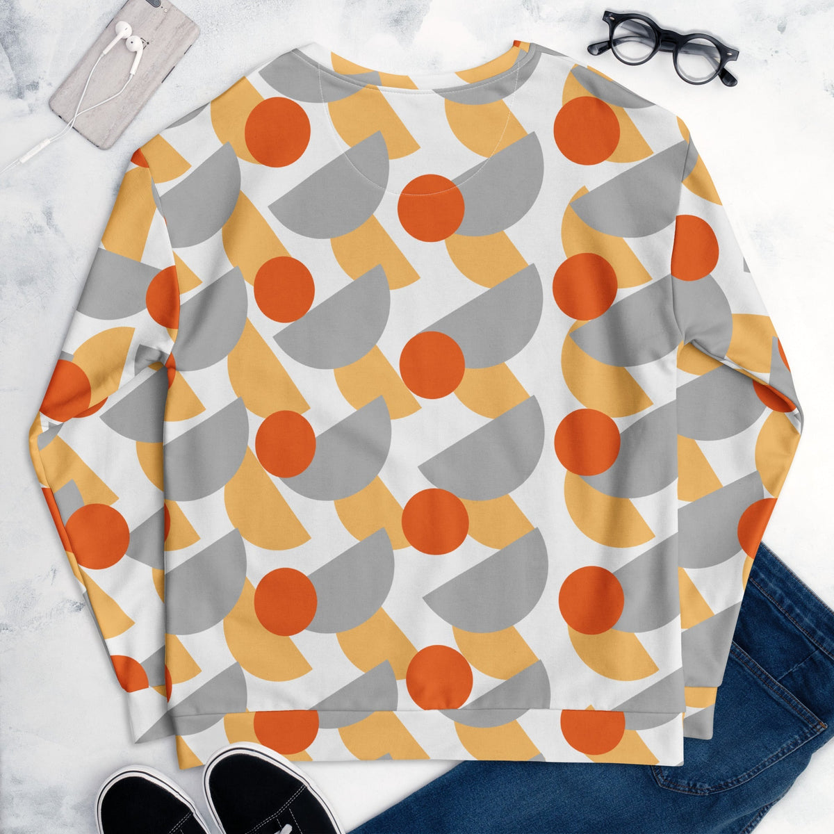 Good Wishes 365 recycled crew neck sweatshirt featuring an orange, yellow, and grey geometric circle pattern