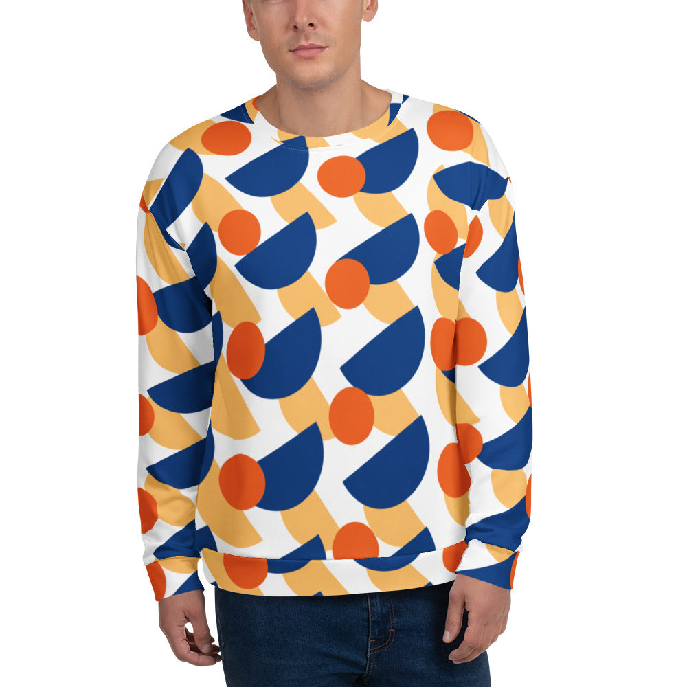 Good Wishes 365 unisex crew neck sweatshirt with a geometric mushroom print in dark cerulean, orange, and yellow.