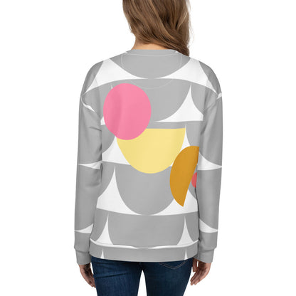 Good Wishes 365 recycled sweatshirt featuring a silver and multi-colored geometric mushroom print, back view.