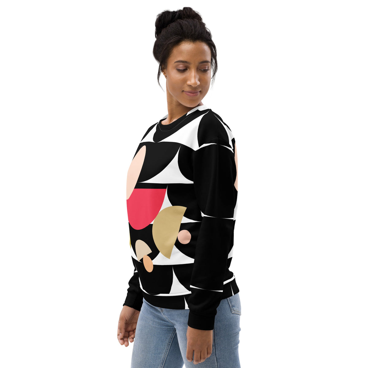 Good Wishes 365 black recycled sweatshirt with geometric mushroom graphic print worn by a woman in jeans
