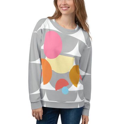 Good Wishes 365 recycled sweatshirt featuring a silver and multi-colored geometric mushroom print on a woman