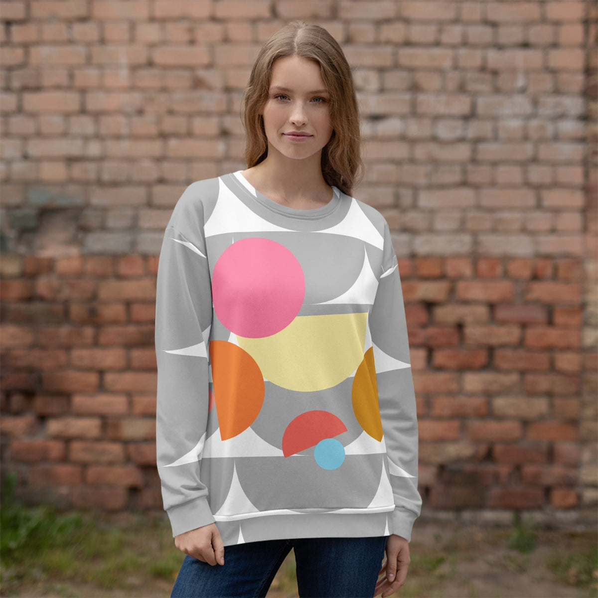 Good Wishes 365 recycled sweatshirt featuring a silver and multi-colored geometric mushroom print on a woman