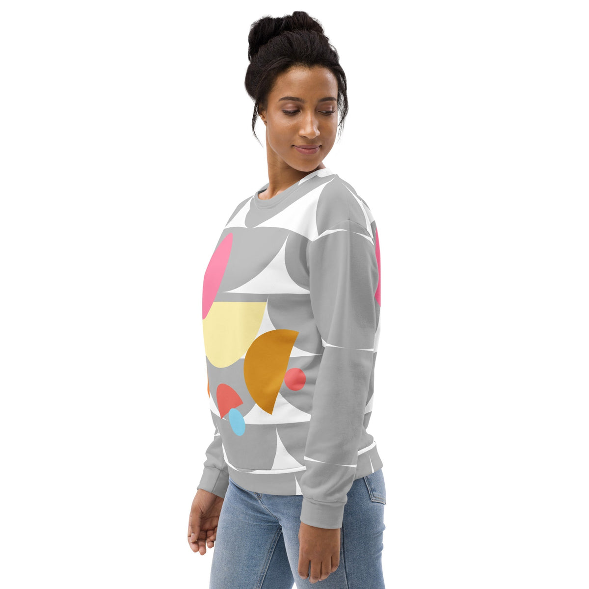 Good Wishes 365 recycled sweatshirt with silver and multi-colored geometric mushroom print on a model in profile