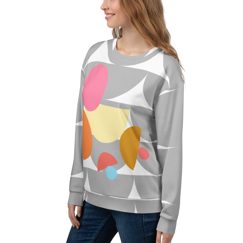 Good Wishes 365 recycled sweatshirt featuring an all-over silver geometric mushroom print with colorful accents